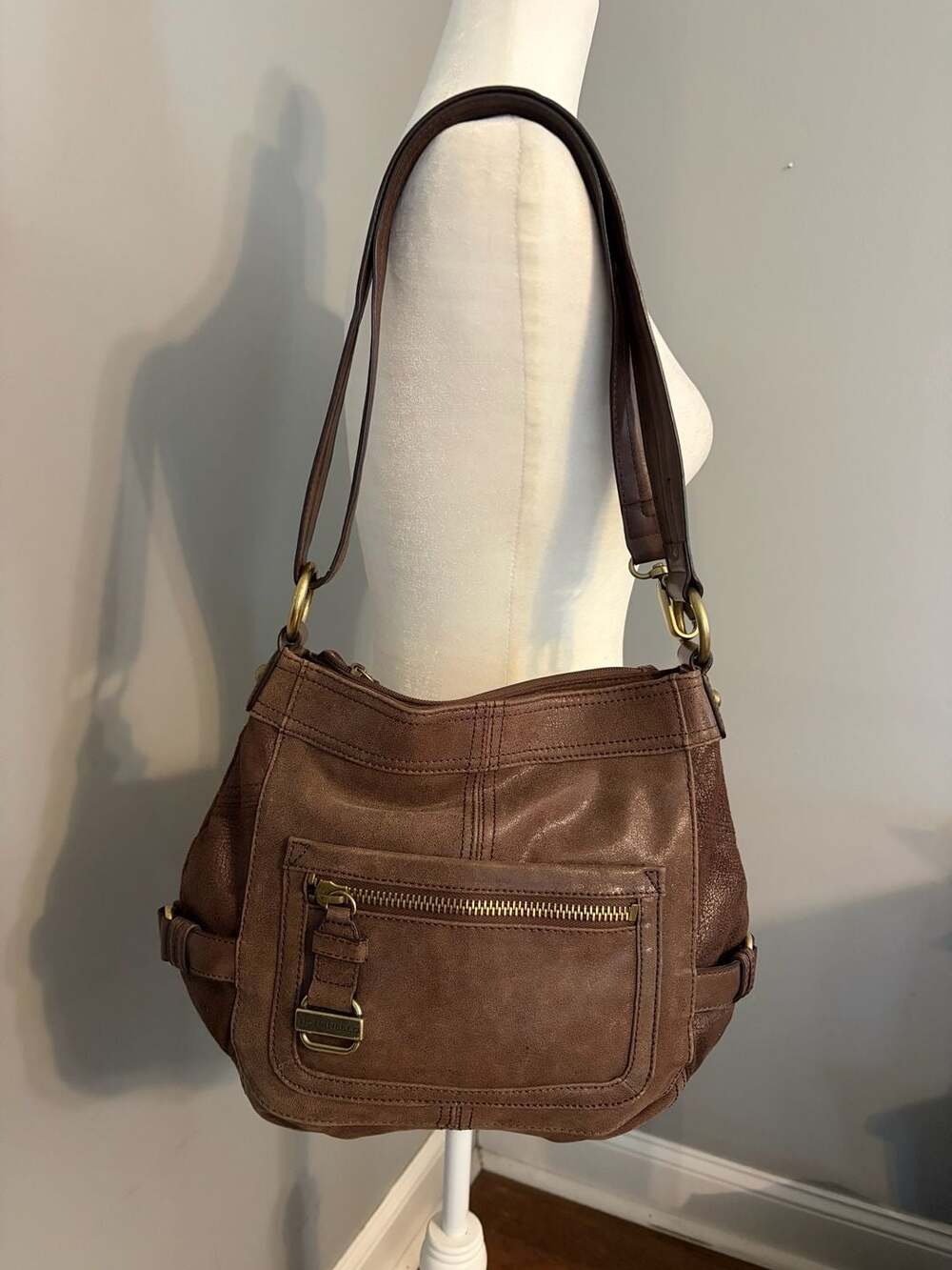Tignanello Brown Leather Zip Top Shoulder Crossbody Bag